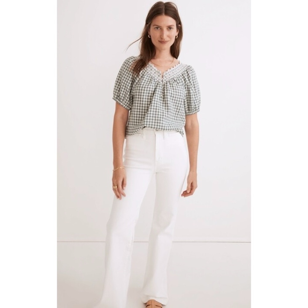 Madewell Embroidered Linen-Blend Swing Top in Gingham Check - Size 1X